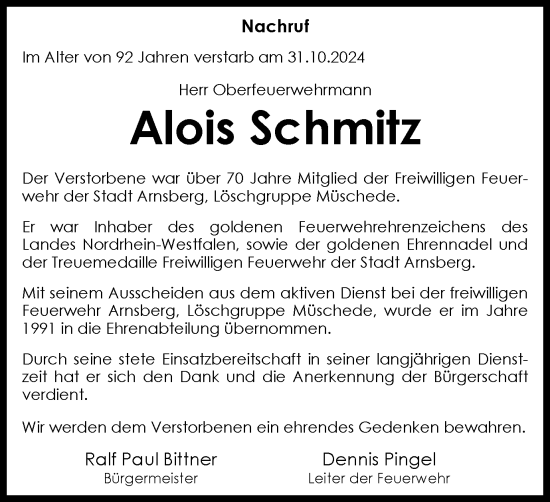 Traueranzeige von Alois Schmitz von Tageszeitung