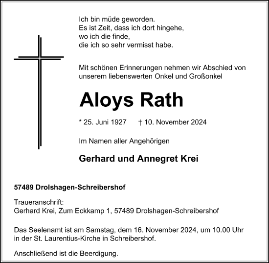 Traueranzeige von Aloys Rath von Tageszeitung