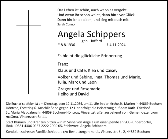 Traueranzeige von Angela Schippers von Tageszeitung