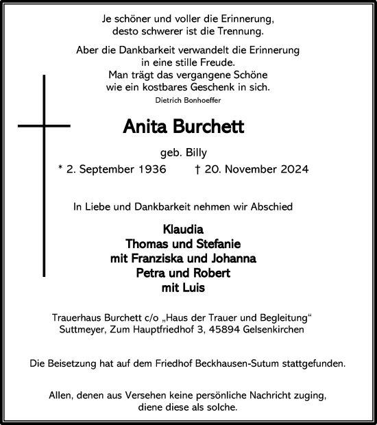 Traueranzeige von Anita Burchett von Tageszeitung