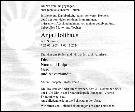 Traueranzeige von Anja Holthaus von Tageszeitung