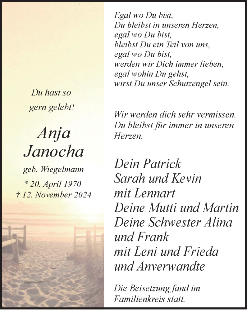  Traueranzeige für Anja Janocha vom 23.11.2024 aus Tageszeitung