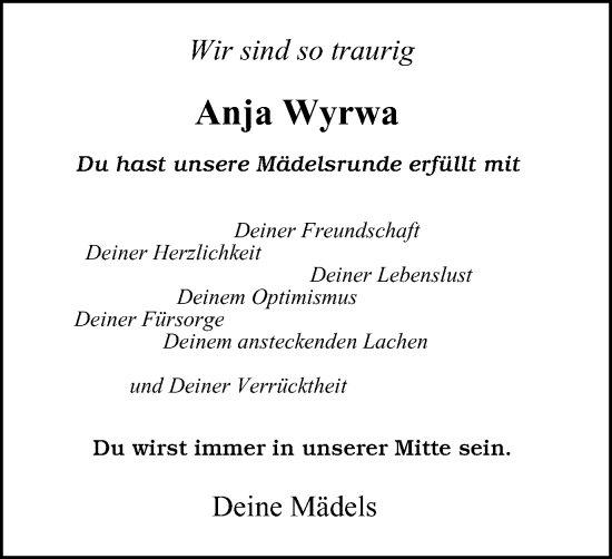 Traueranzeige von Anja Wyrwa von Tageszeitung