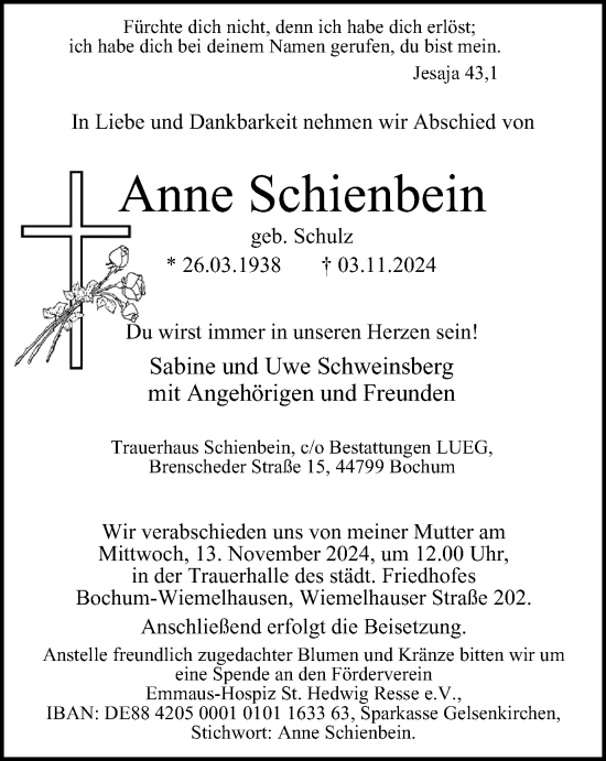 Traueranzeige von Anne Schienbein von Tageszeitung