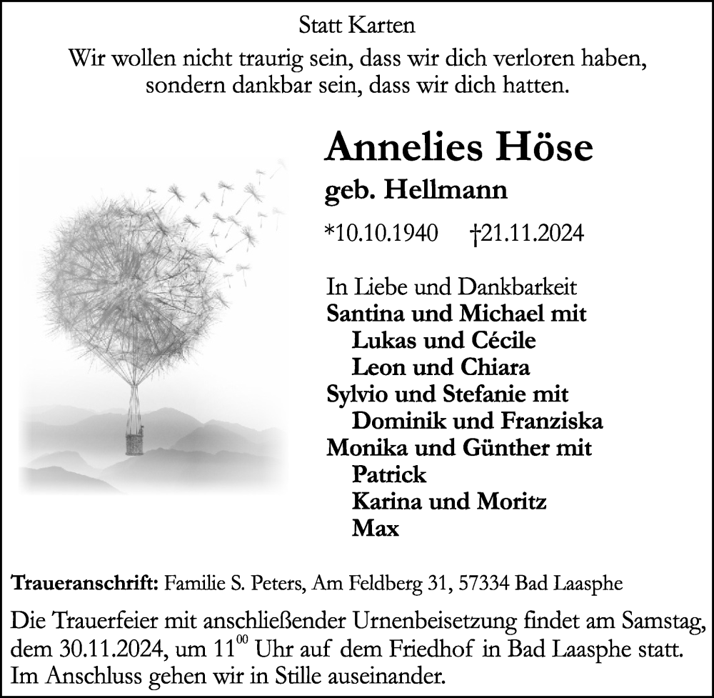  Traueranzeige für Annelies Höse vom 27.11.2024 aus Tageszeitung
