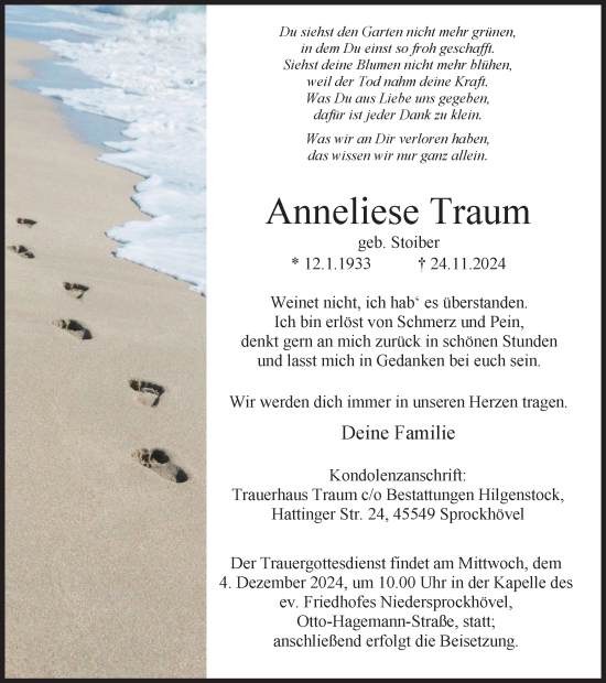 Traueranzeige von Anneliese Traum von Tageszeitung