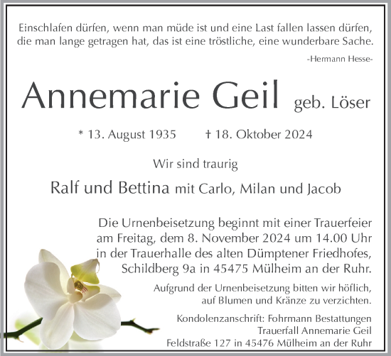 Traueranzeige von Annemarie Geil von Tageszeitung
