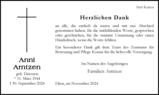 Traueranzeige von Anni Arntzen von Tageszeitung