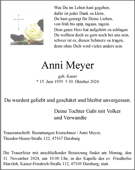 Traueranzeige von Anni Meyer von Tageszeitung