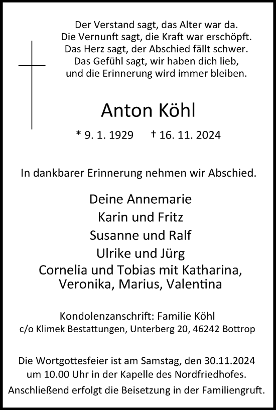 Traueranzeige von Anton Köhl von Tageszeitung