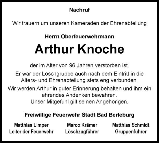 Traueranzeige von Arthur Knoche von Tageszeitung