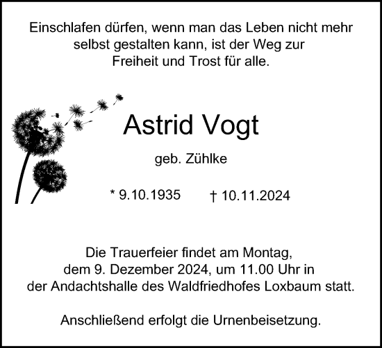 Traueranzeige von Astrid Vogt von Tageszeitung