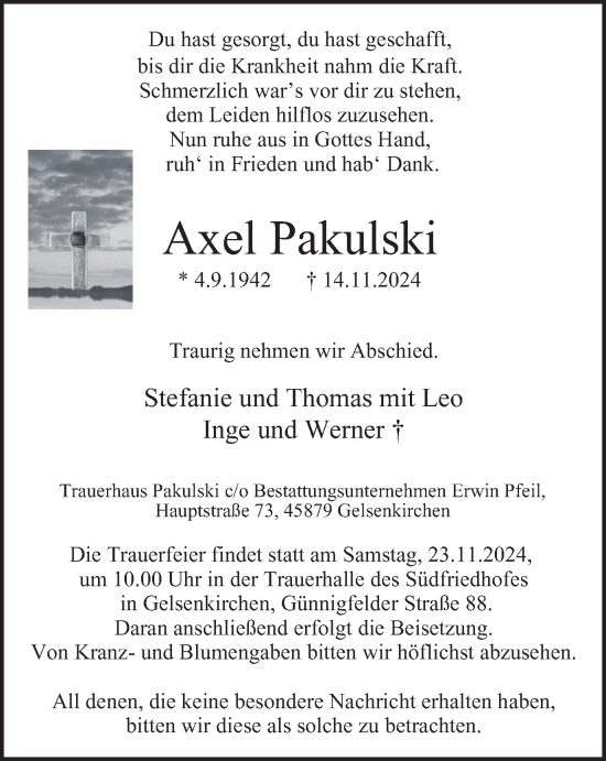 Traueranzeige von Axel Pakulski von Tageszeitung