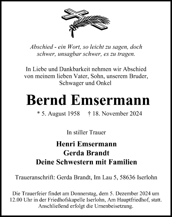 Traueranzeige von Bernd Emsermann von Tageszeitung