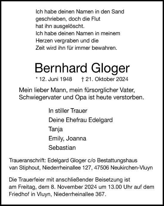Traueranzeige von Bernhard Gloger von Tageszeitung