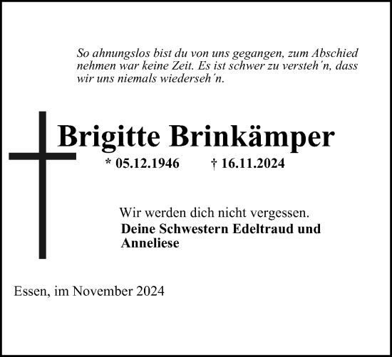 Traueranzeige von Brigitte Brinkämper von Tageszeitung