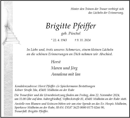 Traueranzeige von Brigitte Pfeiffer von Tageszeitung