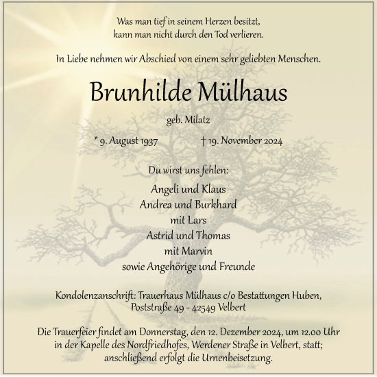 Traueranzeige von Brunhilde Mülhaus von Tageszeitung