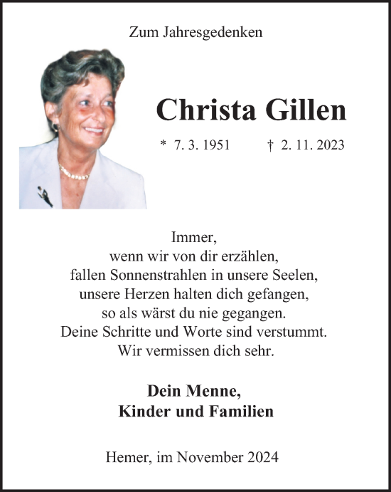 Traueranzeige von Christa Gillen von Tageszeitung