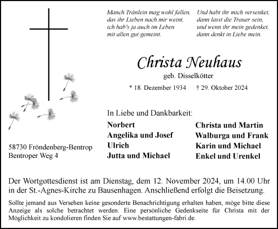 Traueranzeige von Christa Neuhaus von Tageszeitung