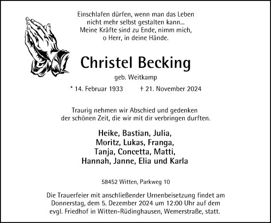 Traueranzeige von Christel Becking von Tageszeitung