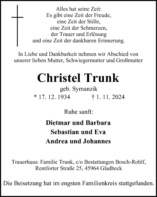 Traueranzeige von Christel Trunk von Tageszeitung