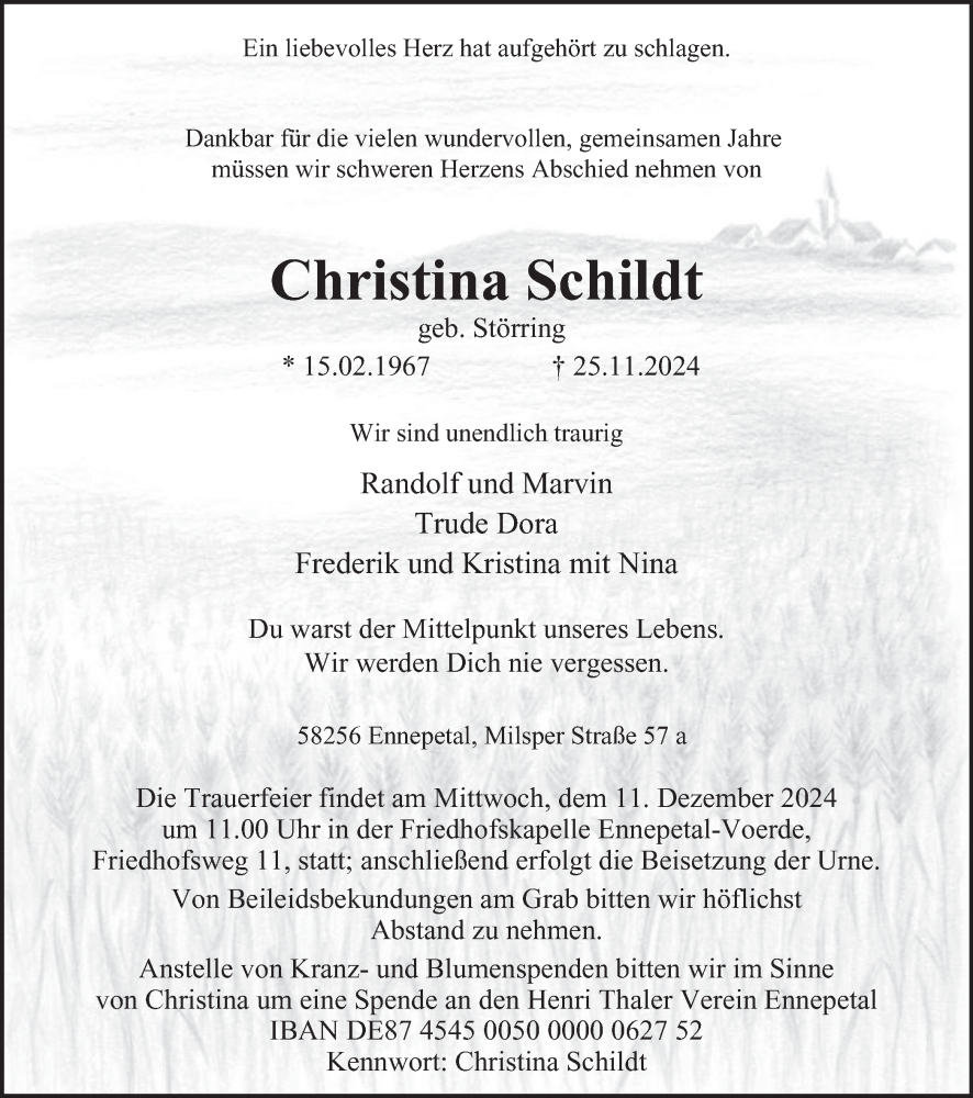  Traueranzeige für Christina Schildt vom 30.11.2024 aus Tageszeitung