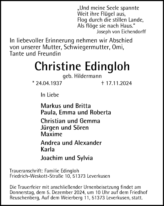 Traueranzeige von Christine Edingloh von Tageszeitung