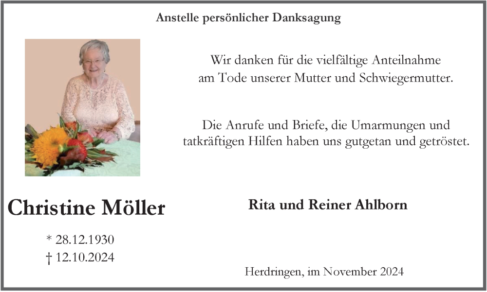  Traueranzeige für Christine Möller vom 09.11.2024 aus Tageszeitung
