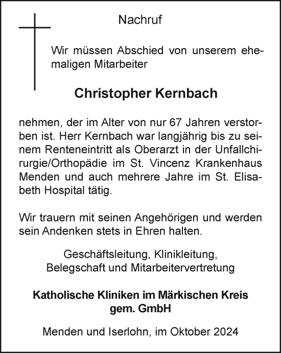 Traueranzeige von Christopher Kernbach von Tageszeitung