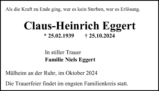 Traueranzeige von Claus-Heinrich Eggert von Tageszeitung