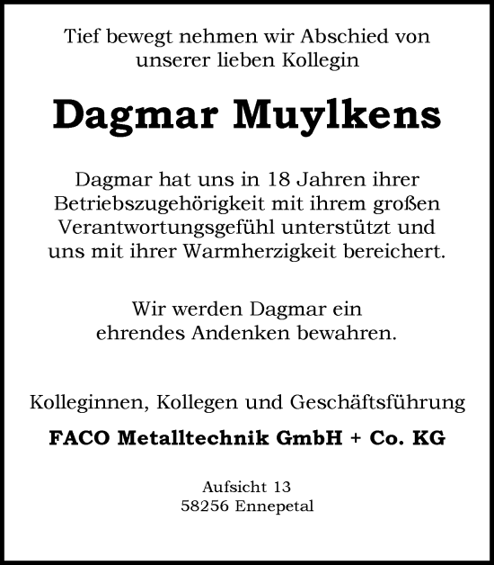 Traueranzeige von Dagmar Muylkens von Tageszeitung