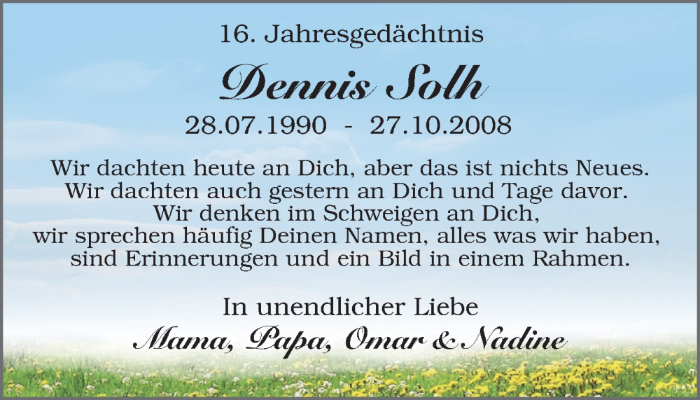  Traueranzeige für Dennis Solh vom 02.11.2024 aus Tageszeitung