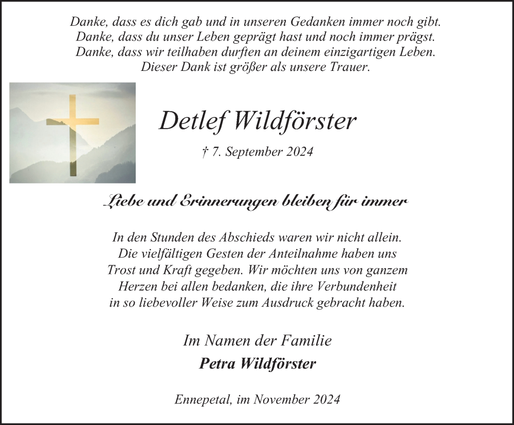  Traueranzeige für Detlef Wildförster vom 09.11.2024 aus Tageszeitung