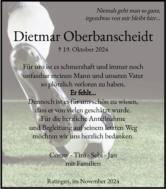 Traueranzeige von Dietmar Oberbanscheidt von Tageszeitung