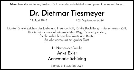 Traueranzeige von Dietmar Tiesmeyer von Tageszeitung