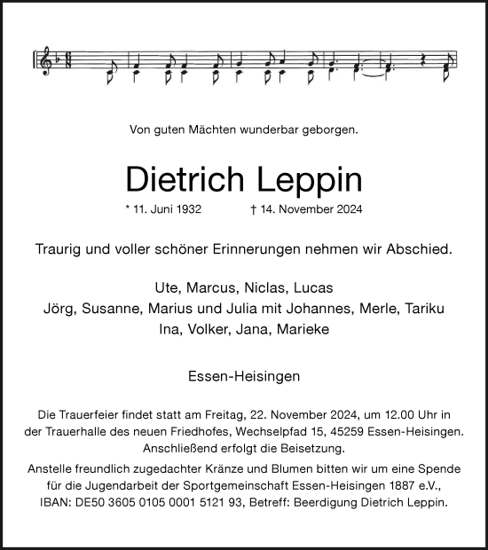 Traueranzeige von Dietrich Leppin von Tageszeitung