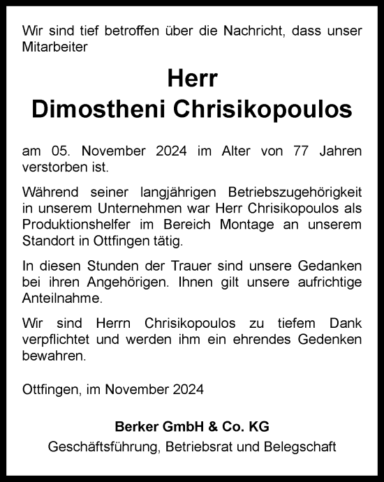 Traueranzeige von Dimostheni Chrisikopoulos von Tageszeitung