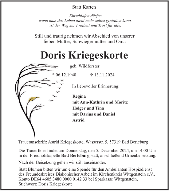Traueranzeige von Doris Kriegeskorte von Tageszeitung
