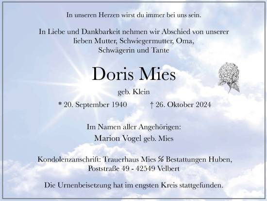 Traueranzeige von Doris Mies von Tageszeitung