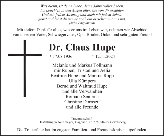 Traueranzeige von Dr. Claus Hupe von Tageszeitung