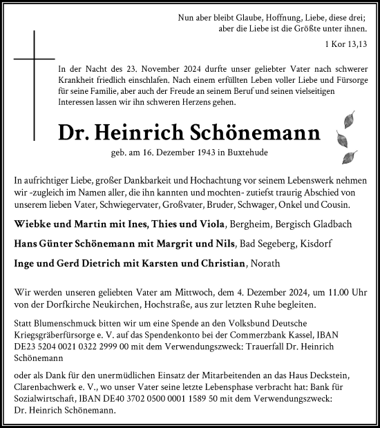 Traueranzeige von Dr. Heinrich Schönemann von Tageszeitung