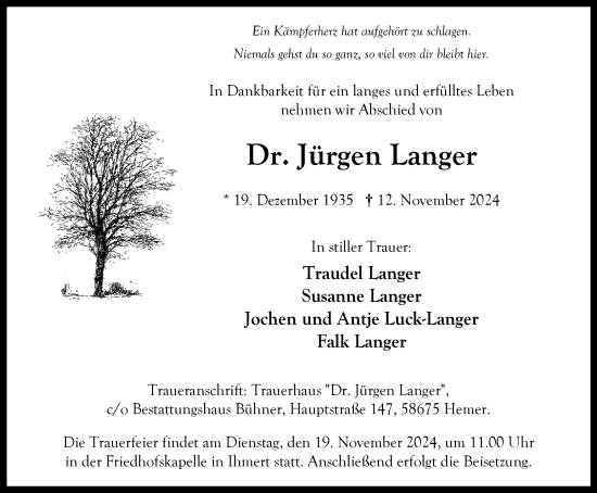 Traueranzeige von Dr. Jürgen Langer von Tageszeitung