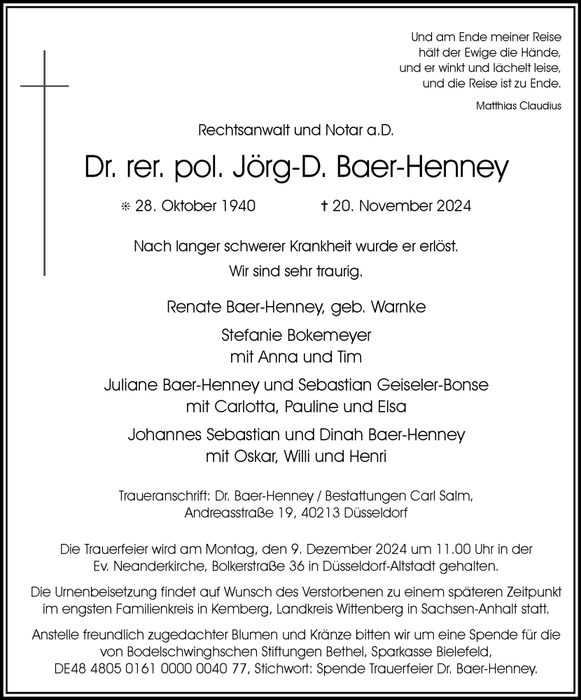  Traueranzeige für Dr. rer. pol. Jörg-D. Baer-Henney vom 30.11.2024 aus Tageszeitung