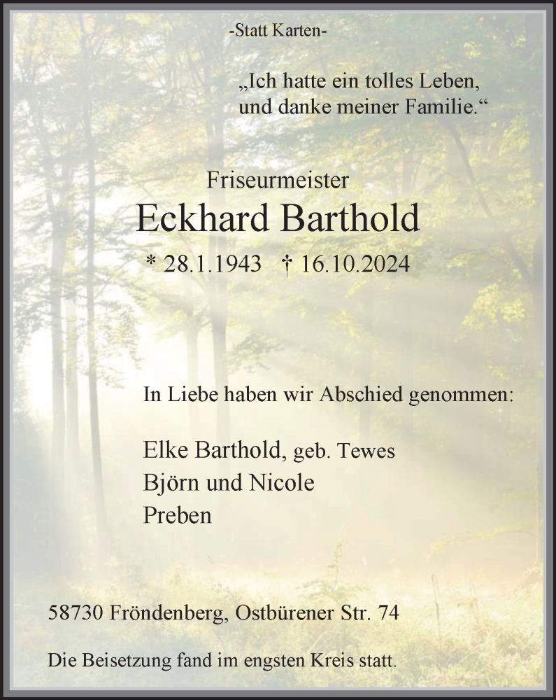  Traueranzeige für Eckhard Barthold vom 09.11.2024 aus Tageszeitung