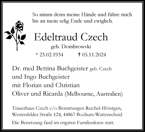 Traueranzeige von Edeltraud Czech von Tageszeitung
