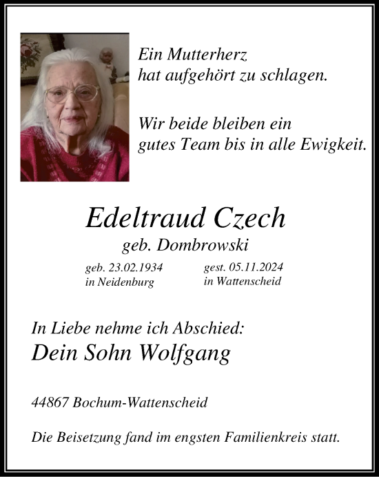 Traueranzeige von Edeltraud Czech von Tageszeitung