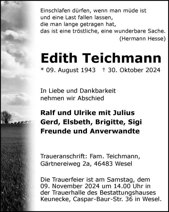 Traueranzeige von Edith Teichmann von Tageszeitung
