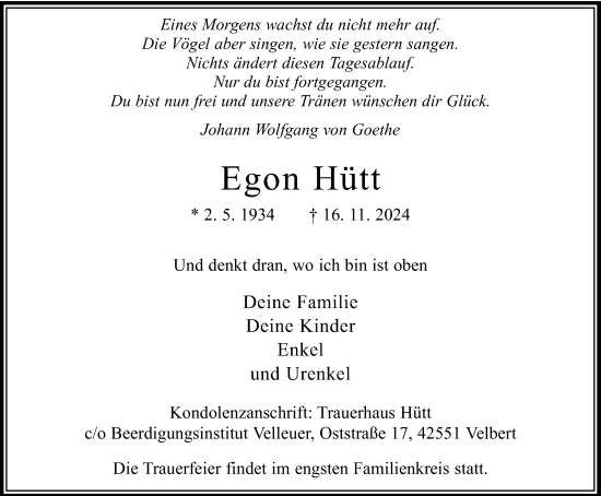 Traueranzeige von Egon Hütt von Tageszeitung