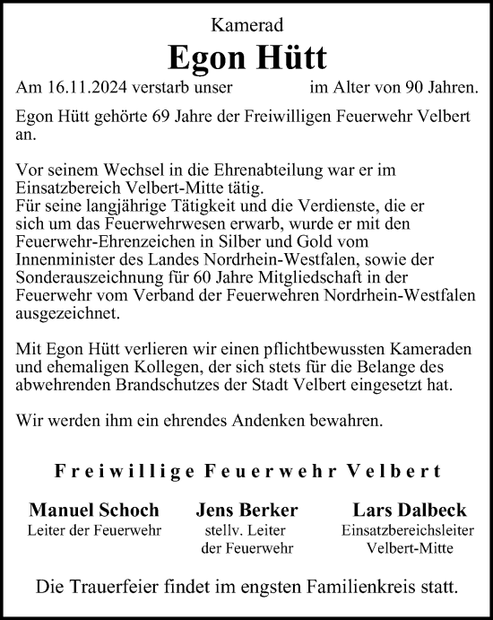 Traueranzeige von Egon Hütt von Tageszeitung